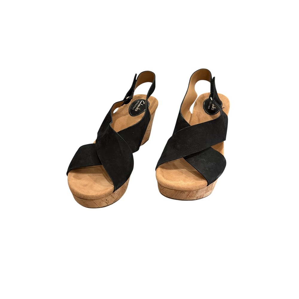 Clarks Artisan Caslynn Shae Cork Wedge Sandals Nubuck Leather Black Womens 11‎